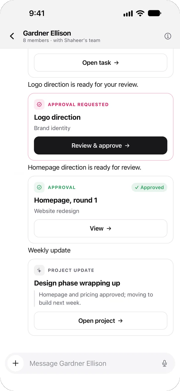A design approval card in the chat, ready to review and approve