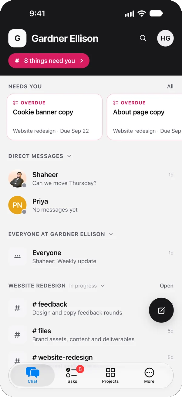 The client chat: needs-you items, direct messages and project channels