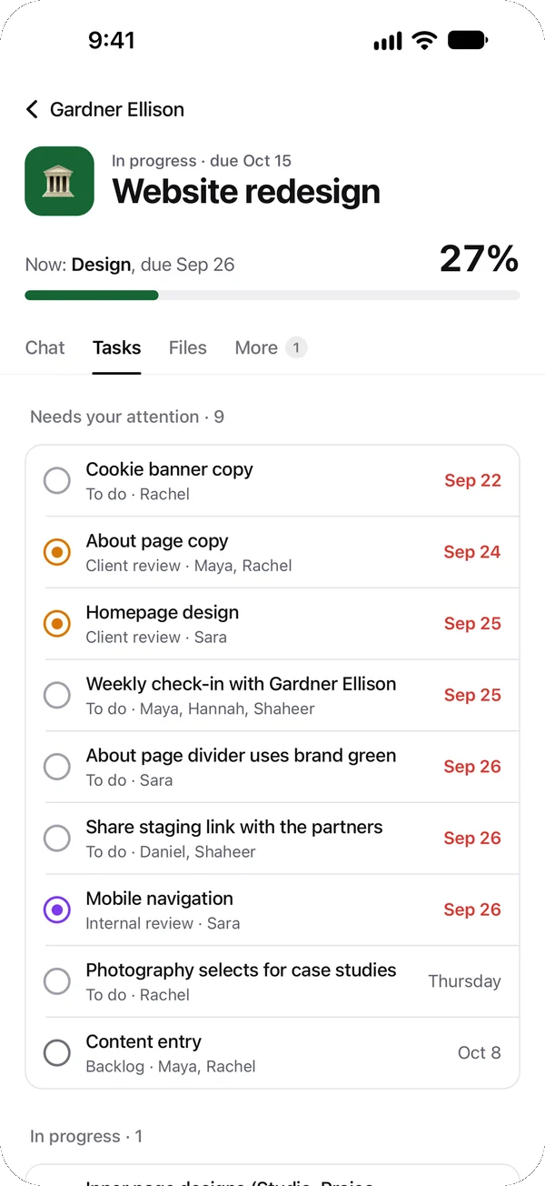 A project page with progress, the current phase and its tasks
